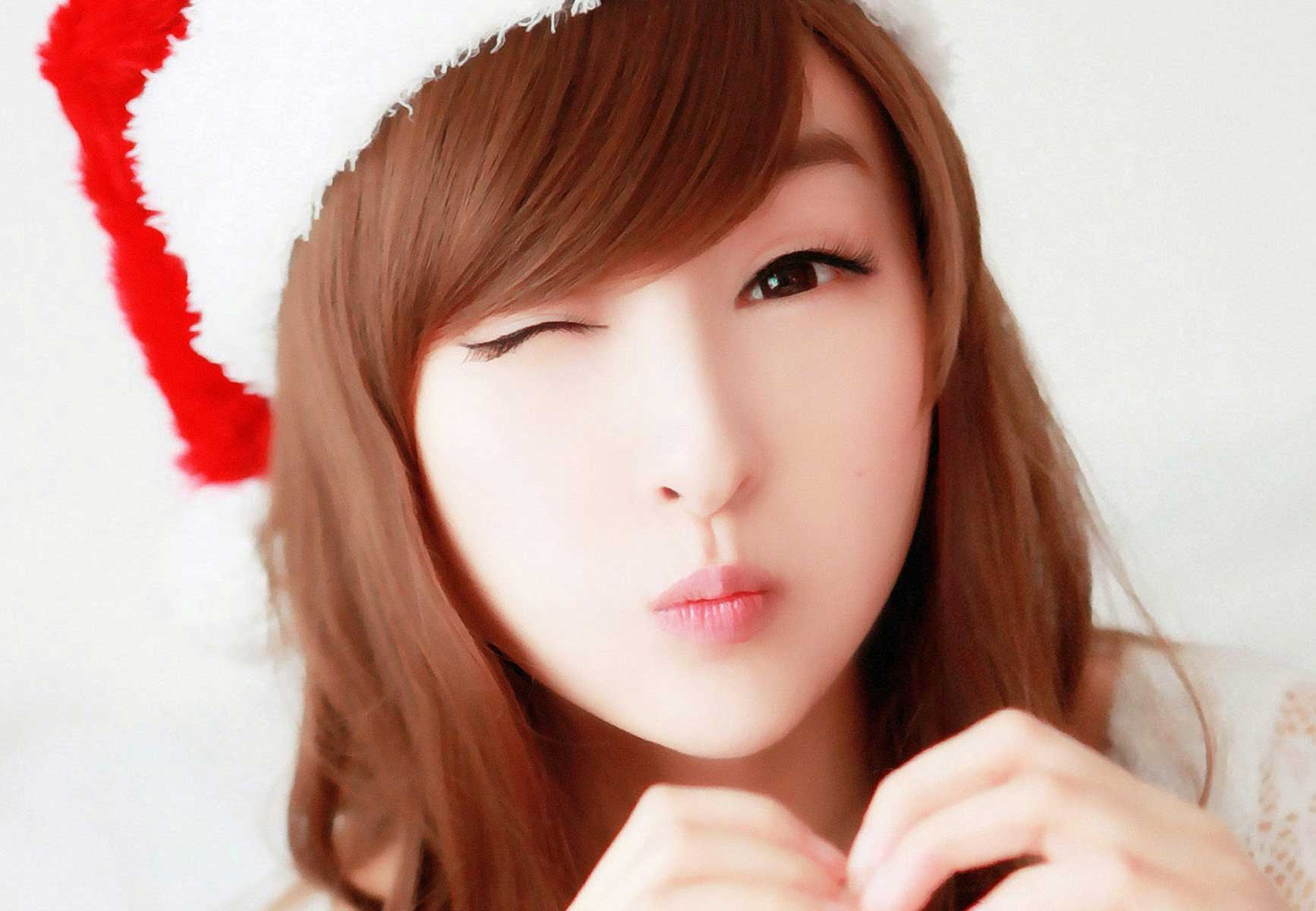 cute beautiful asian girl Christmas hat hd wallpaper 1920x1200